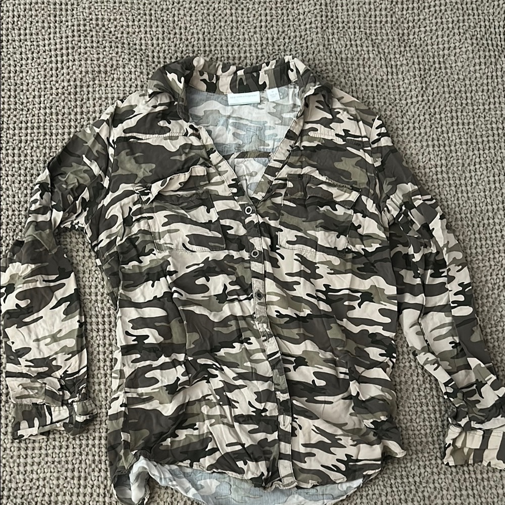 New York & Company Green and Brown Button Down Shirt